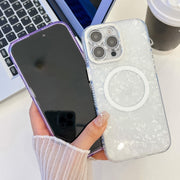 For iPhone 16 Plating Texture MagSafe TPU Phone Case with Glitter Lens Film(Pink Shell Pattern)