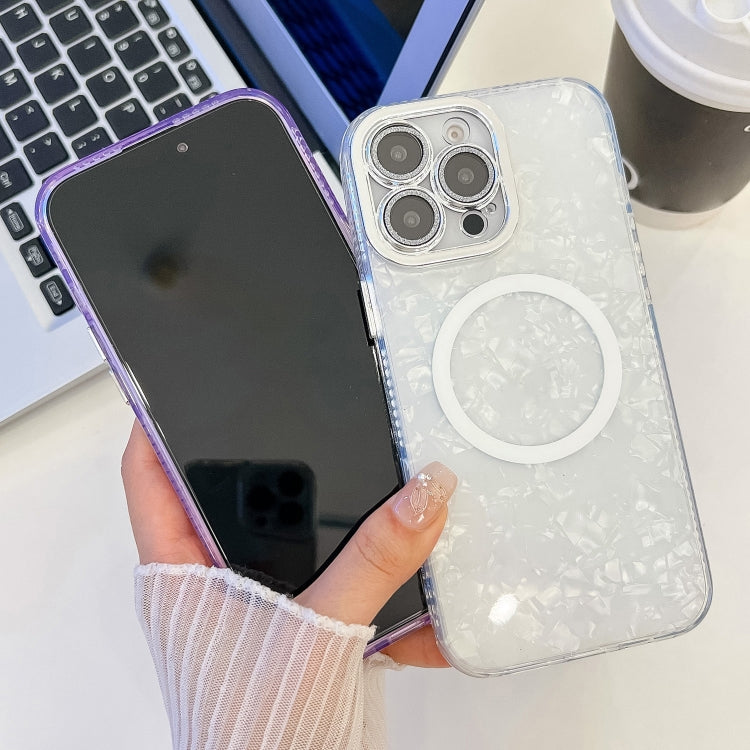 For iPhone 16 Plating Texture MagSafe TPU Phone Case with Glitter Lens Film(Pink Shell Pattern)