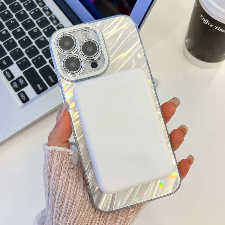 For iPhone 16 Plating Texture MagSafe TPU Phone Case with Glitter Lens Film(Pink Shell Pattern)