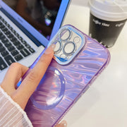 For iPhone 16 Plating Texture MagSafe TPU Phone Case with Glitter Lens Film(Pink Shell Pattern)