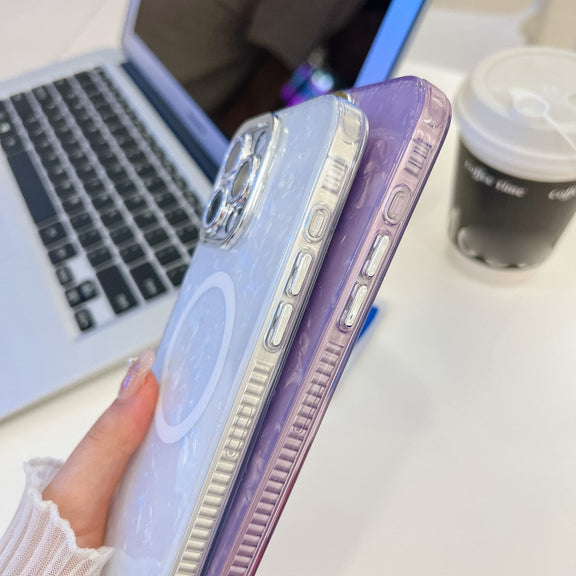 For iPhone 16 Plating Texture MagSafe TPU Phone Case with Glitter Lens Film(Pink Shell Pattern)