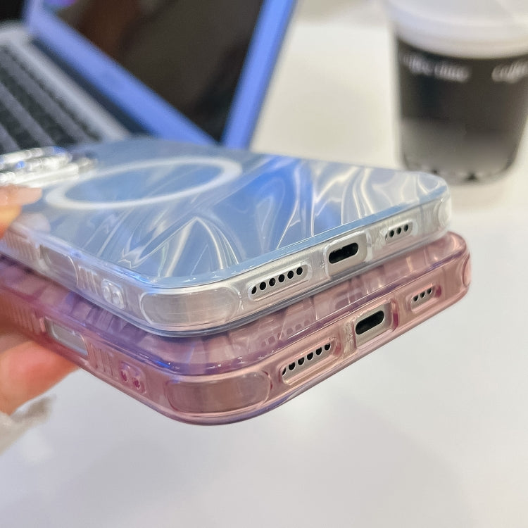 For iPhone 16 Plating Texture MagSafe TPU Phone Case with Glitter Lens Film(Pink Shell Pattern)