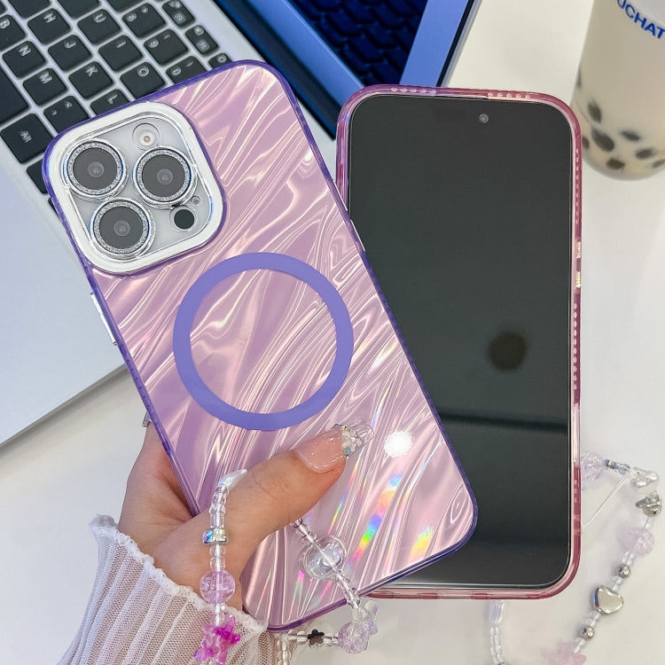 For iPhone 16 Plus Plating Texture Wristband MagSafe TPU Phone Case with Glitter Lens Film(White Shell Pattern)