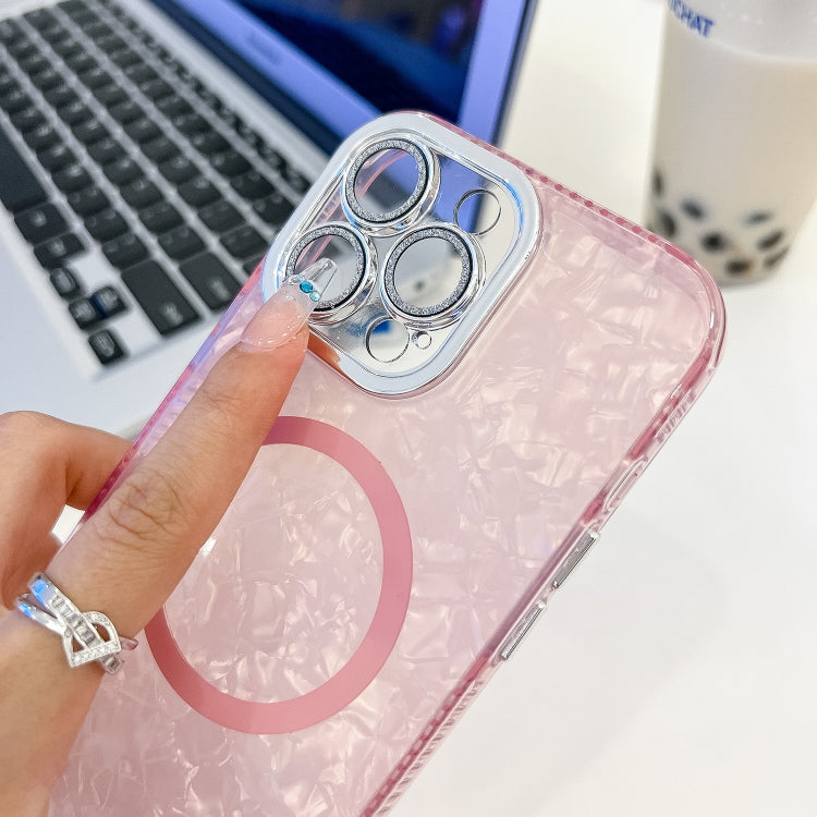 For iPhone 16 Plus Plating Texture Wristband MagSafe TPU Phone Case with Glitter Lens Film(White Shell Pattern)
