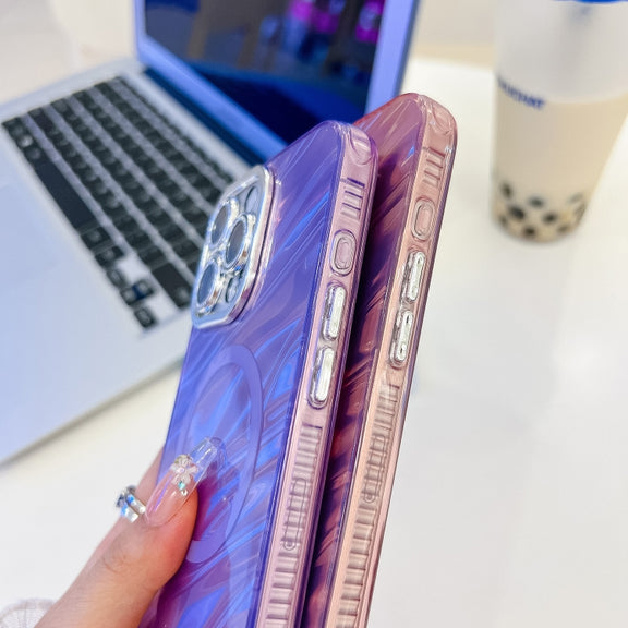 For iPhone 16 Plating Texture Wristband MagSafe TPU Phone Case with Glitter Lens Film(White Water Ripples)