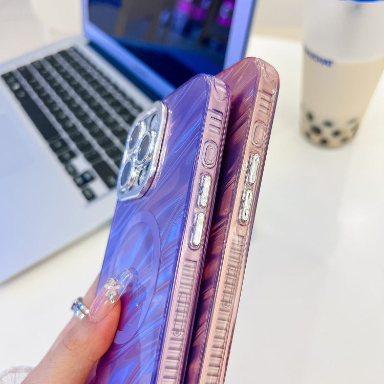 For iPhone 16 Plus Plating Texture Wristband MagSafe TPU Phone Case with Glitter Lens Film(White Shell Pattern)