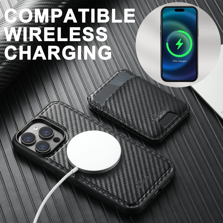 For iPhone 14 Plus Suteni TXWH18 Carbon Fiber Texture Detachable Wallet MagSafe Phone Case(Black)