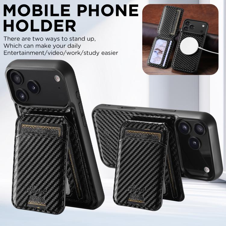 For iPhone 14 Plus Suteni TXWH18 Carbon Fiber Texture Detachable Wallet MagSafe Phone Case(Black)