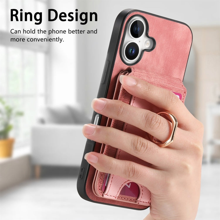 For iPhone 16 Retro Splitable Magnetic Stand Card Bag Leather Phone Case(Pink)