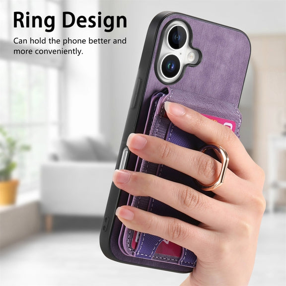 For iPhone 16 Retro Splitable Magnetic Stand Card Bag Leather Phone Case(Purple)