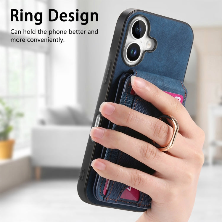 For iPhone 16 Retro Splitable Magnetic Stand Card Bag Leather Phone Case(Blue)
