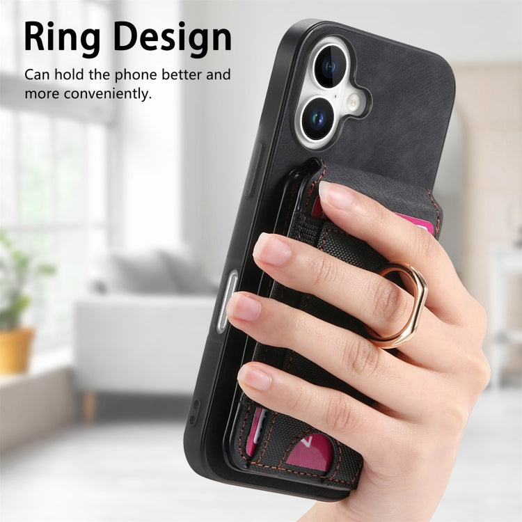 For iPhone 16 Retro Splitable Magnetic Stand Card Bag Leather Phone Case(Black)