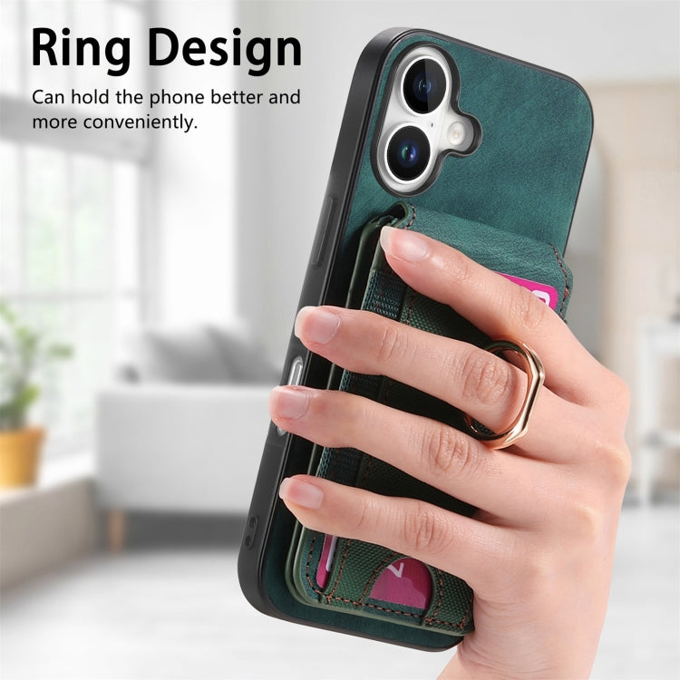 For iPhone 16 Retro Splitable Magnetic Stand Card Bag Leather Phone Case(Green)