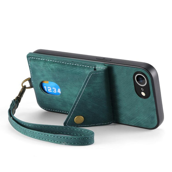For iPhone 16e Retro Card Wallet Fold Leather Phone Case with Strap(Green)