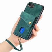 For iPhone 16e Retro Card Wallet Fold Leather Phone Case with Strap(Green)