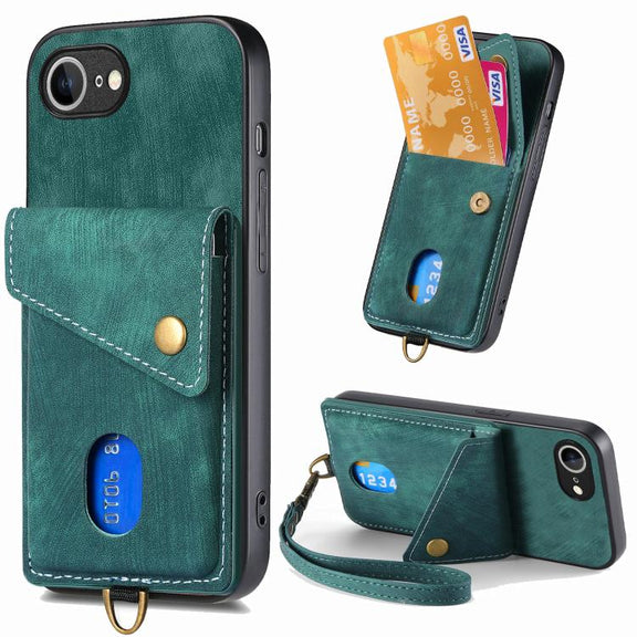 For iPhone 16e Retro Card Wallet Fold Leather Phone Case with Strap(Green)