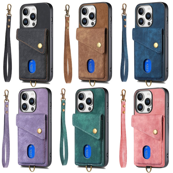 For iPhone 16e Retro Card Wallet Fold Leather Phone Case with Strap(Pink)