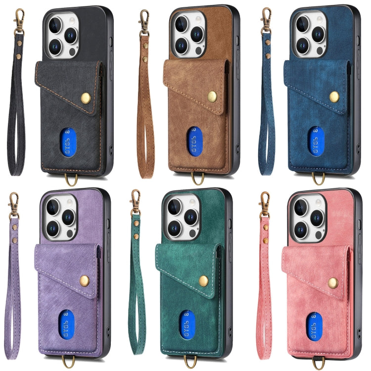 For iPhone 16e Retro Card Wallet Fold Leather Phone Case with Strap(Purple)
