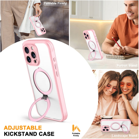 For iPhone 16 Pro Max Skin Feel MagSafe Holder 360 Full Body Phone Case(Pink)