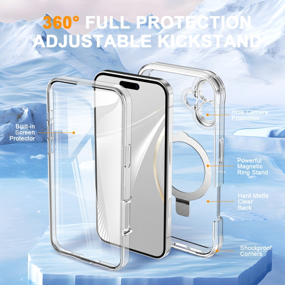 For iPhone 16 Plus Skin Feel MagSafe Holder 360 Full Body Phone Case(Transparent)