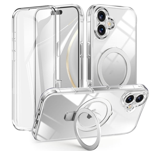 For iPhone 16 Plus Skin Feel MagSafe Holder 360 Full Body Phone Case(Transparent)