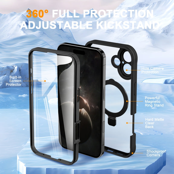 For iPhone 16 Skin Feel MagSafe Holder 360 Full Body Phone Case(Black)