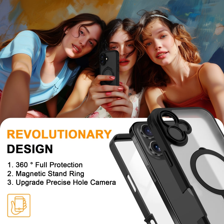 For iPhone 16 Skin Feel MagSafe Holder 360 Full Body Phone Case(Black)