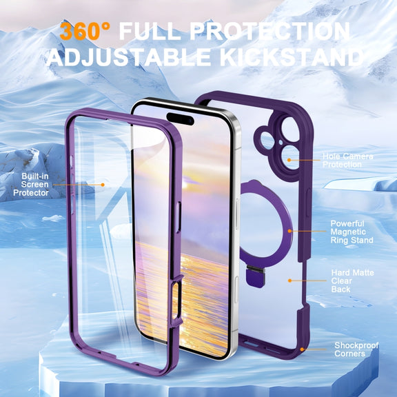 For iPhone 16 Skin Feel MagSafe Holder 360 Full Body Phone Case(Purple)