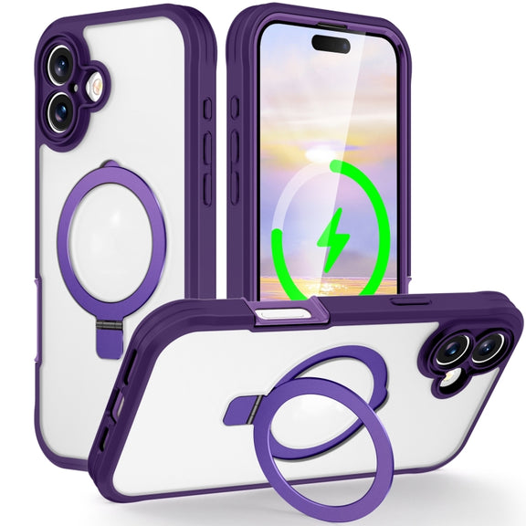 For iPhone 16 Skin Feel MagSafe Holder 360 Full Body Phone Case(Purple)