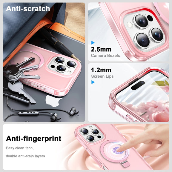 For iPhone 16 Pro Max Frosted Skin Feel MagSafe Holder 360 Full Body Phone Case(Pink)