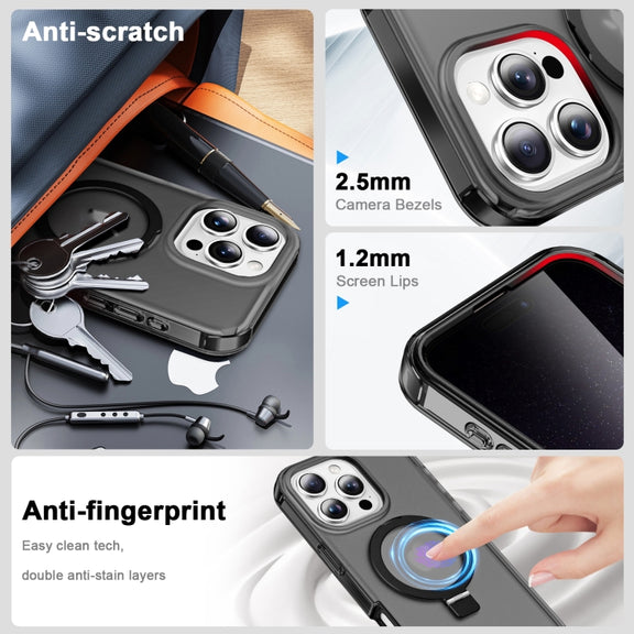 For iPhone 16 Pro Max Frosted Skin Feel MagSafe Holder 360 Full Body Phone Case(Black)