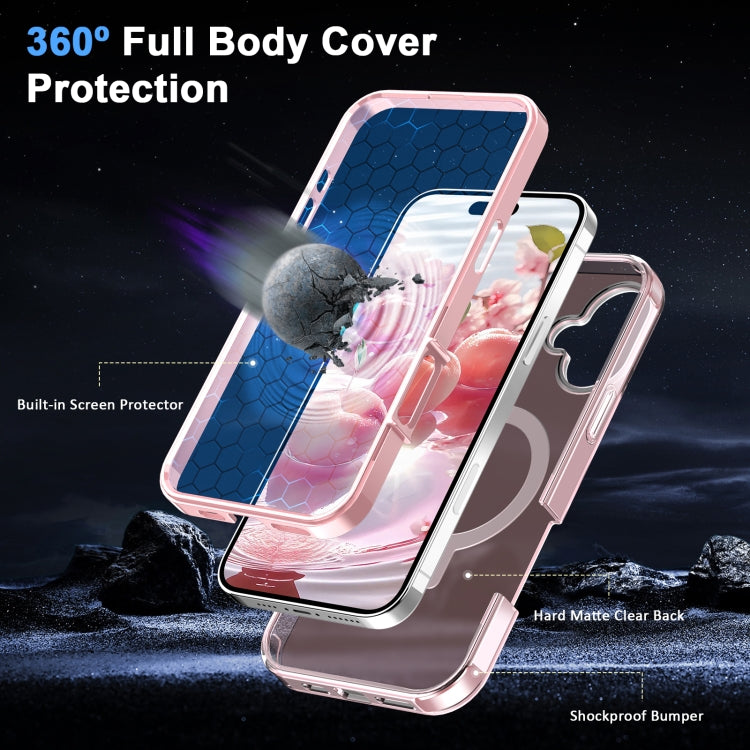 For iPhone 16 Plus Frosted Skin Feel MagSafe Holder 360 Full Body Phone Case(Pink)