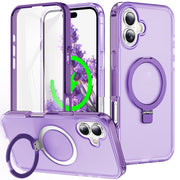 For iPhone 16 Plus Frosted Skin Feel MagSafe Holder 360 Full Body Phone Case(Purple)