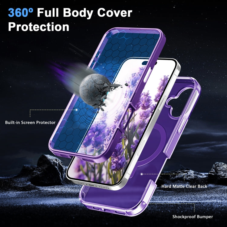 For iPhone 16 Plus Frosted Skin Feel MagSafe Holder 360 Full Body Phone Case(Purple)