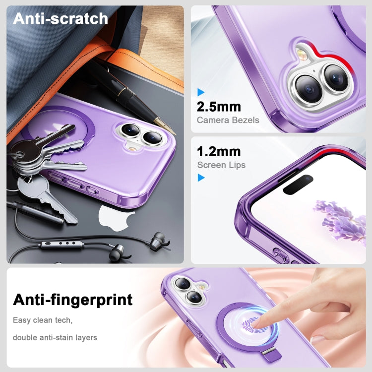 For iPhone 16 Plus Frosted Skin Feel MagSafe Holder 360 Full Body Phone Case(Purple)