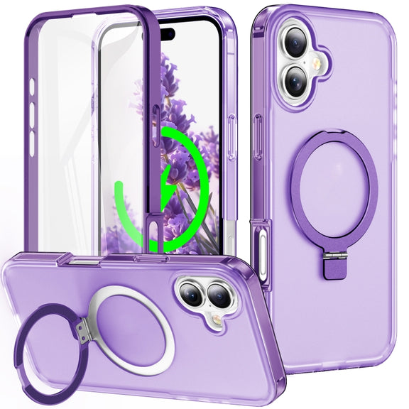 For iPhone 16 Plus Frosted Skin Feel MagSafe Holder 360 Full Body Phone Case(Purple)