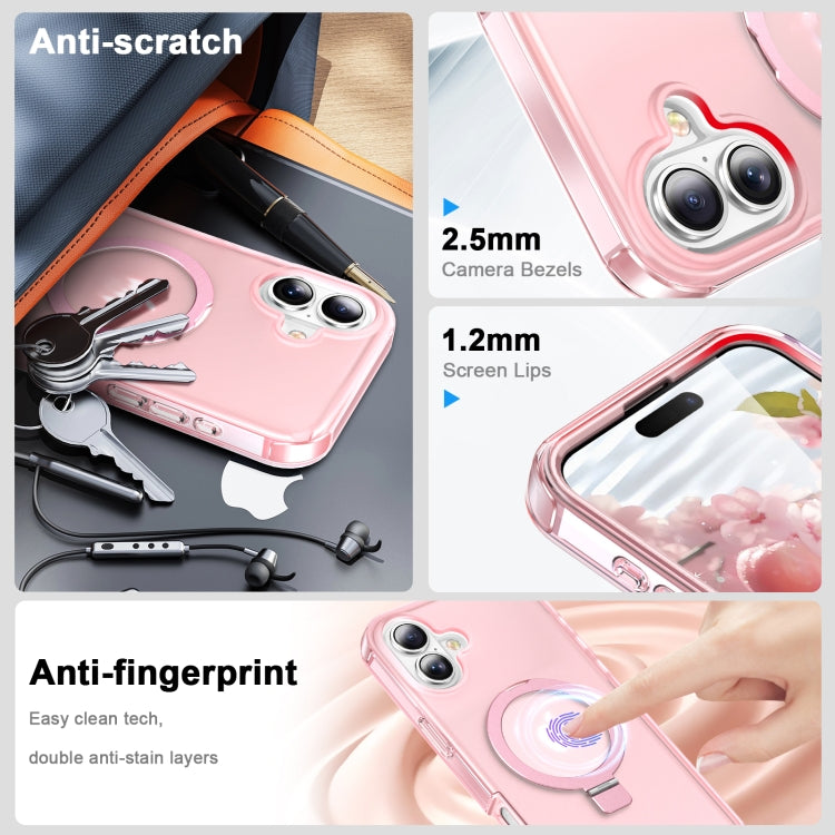For iPhone 16 Frosted Skin Feel MagSafe Holder 360 Full Body Phone Case(Pink)
