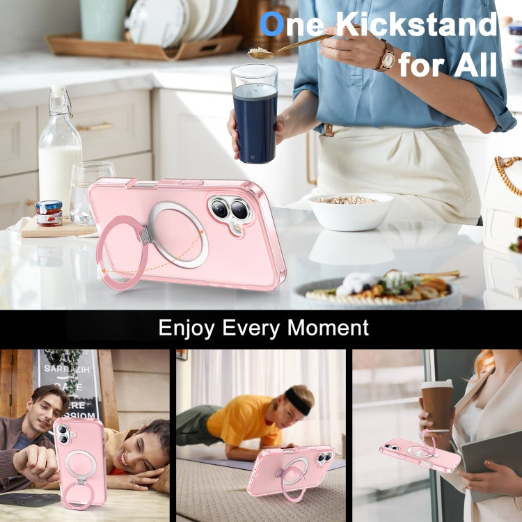 For iPhone 16 Frosted Skin Feel MagSafe Holder 360 Full Body Phone Case(Pink)