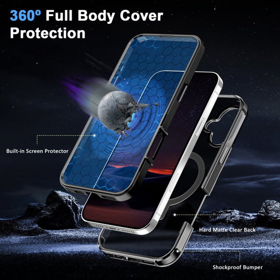 For iPhone 16 Frosted Skin Feel MagSafe Holder 360 Full Body Phone Case(Black)