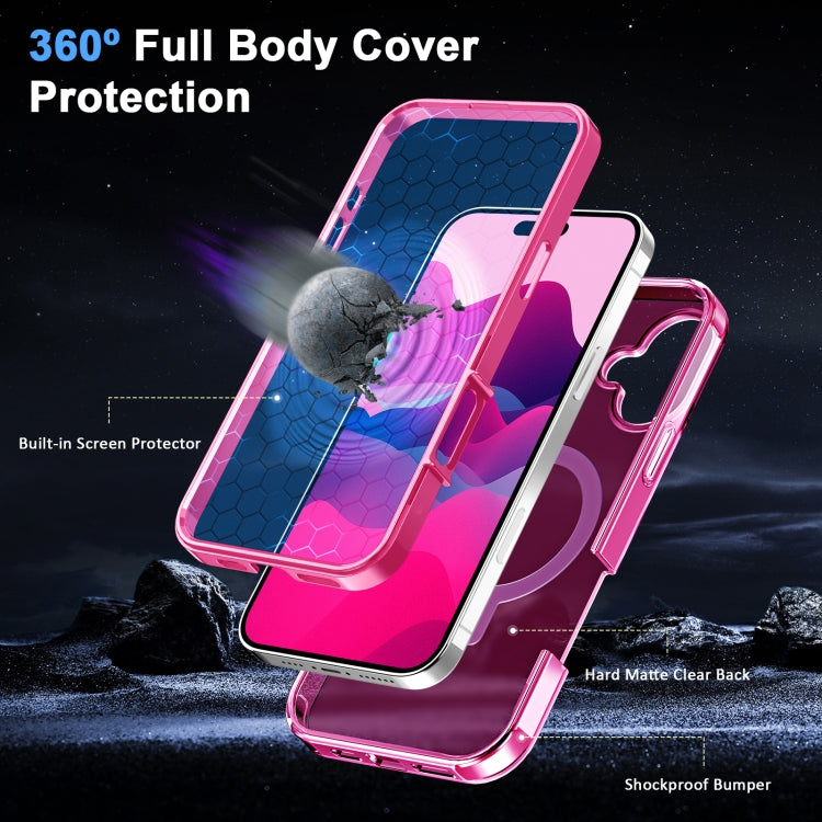 For iPhone 16 Frosted Skin Feel MagSafe Holder 360 Full Body Phone Case(Rose Red)