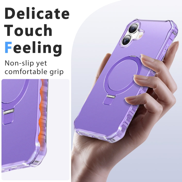 For iPhone 16 Solid Color Wave MagSafe Holder Phone Case(Purple)