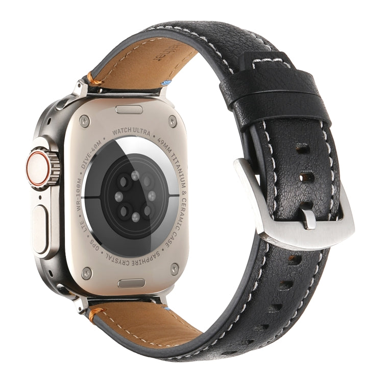 Stitched Genuine Leather Watch Band For Apple Watch 46mm / 49mm / 45mm / 44mm(Pull Up Leather Black)