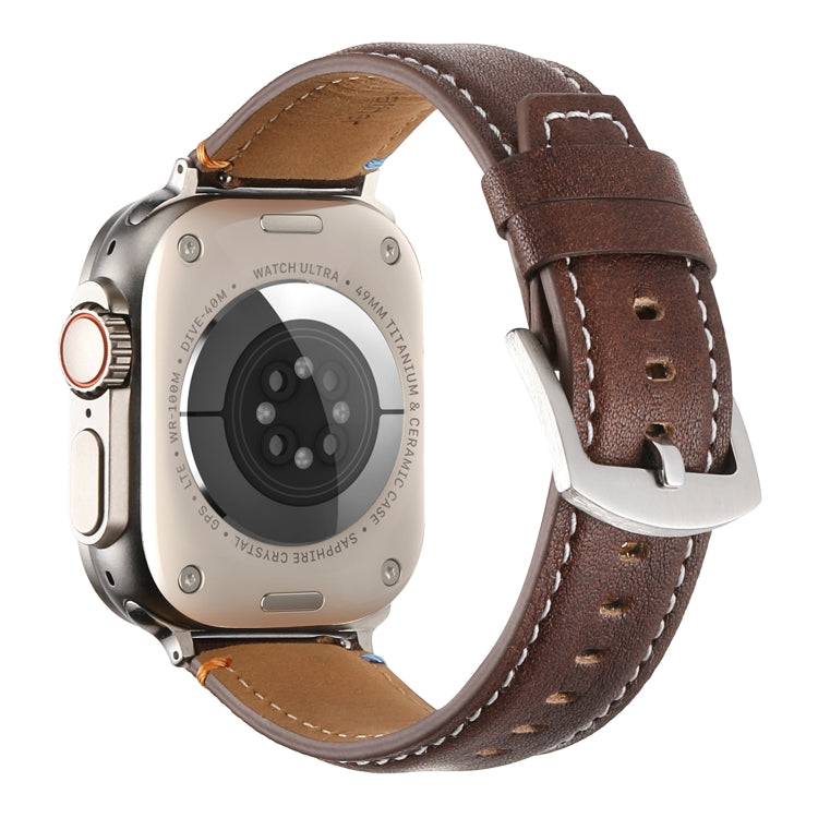 Stitched Genuine Leather Watch Band For Apple Watch 46mm / 49mm / 45mm / 44mm(Pull Up Leather Coffee)