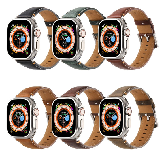 Stitched Genuine Leather Watch Band For Apple Watch 46mm / 49mm / 45mm / 44mm(Pull Up Leather Coffee)