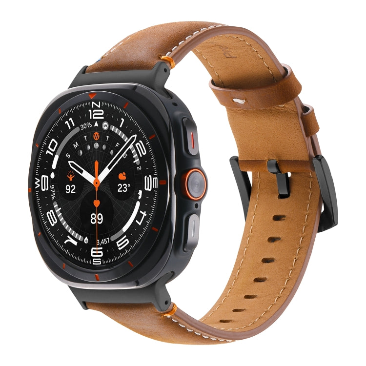 For Samsung Galaxy Watch Ultra 47mm Stitched Black Buckle Genuine Leather Watch Band(Frosted Brown)