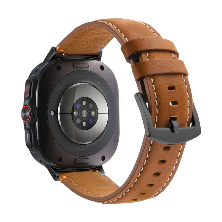 For Samsung Galaxy Watch Ultra 47mm Stitched Black Buckle Genuine Leather Watch Band(Frosted Brown)