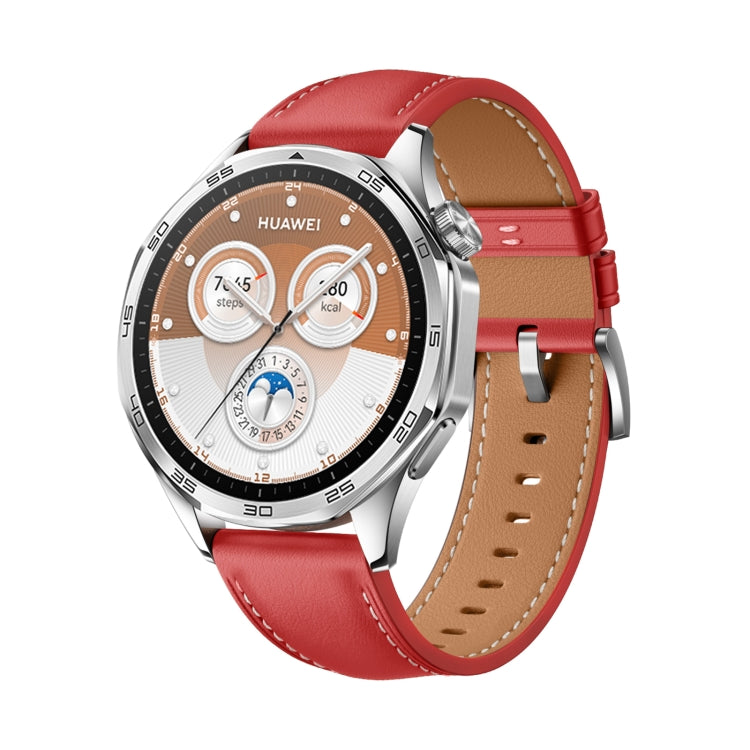 For Huawei Watch GT 5 Pro 46mm Silver Buckle Genuine Leather Watch Band(Red)
