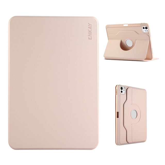 For iPad Pro 11 2024 ENKAY 360 Rotation TPU Leather Smart Tablet Case with Pen Slot(Pink)