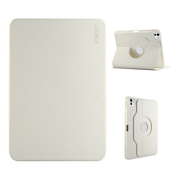 For iPad Pro 11 2024 ENKAY 360 Rotation TPU Leather Smart Tablet Case with Pen Slot(Beige)