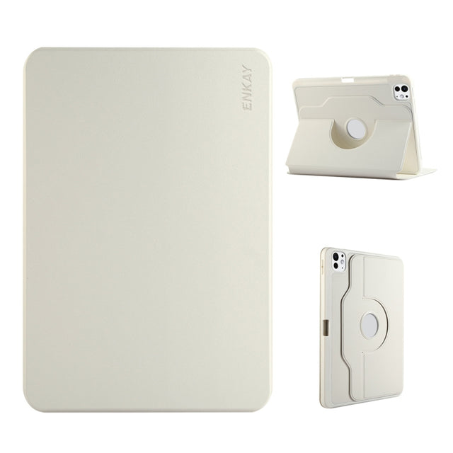 For iPad Pro 13 2024 ENKAY 360 Rotation TPU Leather Smart Tablet Case with Pen Slot(Beige)
